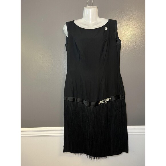 Vintage Flapper Dress Womens Large 20s Gatsby Sleeveless Fringe Beaded Accent - Picture 1 of 11